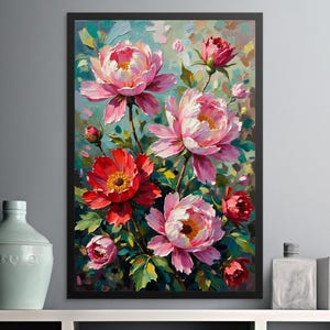 Peony Digital Art, Oil Paint Flowers, Floral Wall Art Print, Pink and Red Flowers, Downloadable Print, Botanical Art, Home Decor