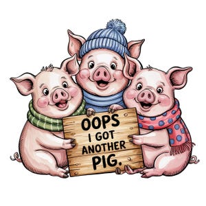 Cerdo lindo PNG digital, arte divertido de animales de granja, cerdos de dibujos animados, lechones con letrero, ilustración caprichosa, clipart imprimible