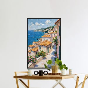 Mediterranean Coastal Town Print: Seaside Village Painting (Digital Download)