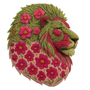 花柄ライオンPNG、デジタルアートダウンロード、ライオンヘッドクリップアート、自然ライオン画像、フラワーパワーライオン、ユニークな動物デザイン、ウォールアートプリント