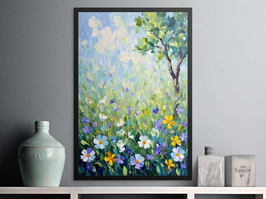 Impasto Flower Field Oil Painting Print: Landscape Tree Art (digital ...