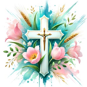 Christian Cross Floral Digital Art Print, Religious Wall Decor, Inspirational Art, Faith-Based Artwork, Home Office Decoration
