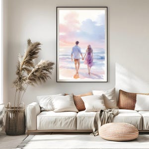 Impression numérique de couple Beach Walk | Art romantique sur la plage, aquarelle pour couple, téléchargement numérique sur la plage Sunset, cadeau d'anniversaire, mur de couple