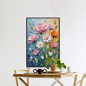 Floral Impasto Digital Wall Art, Pink Flowers Texture Painting, Vibrant Colorful Print, Gift for Her, Home Decor, Digital Download