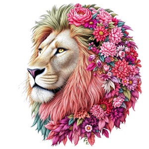 花柄ライオンPNG、デジタルダウンロード、花冠ライオンアート、ライオンヘッドデザイン、印刷可能なアート、カラフルなライオン画像、保育園アート、ライオンクリップアート
