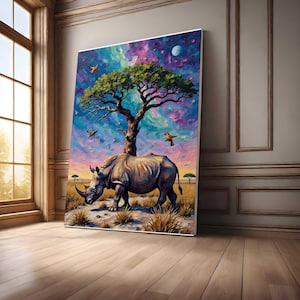 Rhino Printable Wall Art, Digital Download, Rhino Lover Gift, Animal Art Print, African Safari, Wildlife Decor, Colorful Sky Digital Art