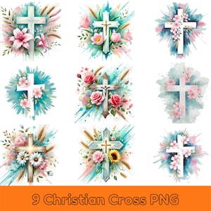 Christian Cross PNG Bundle, Watercolor Floral Crosses, Religious Graphics, Digital Download, Church Art, Faith Decor, Christian Clipart