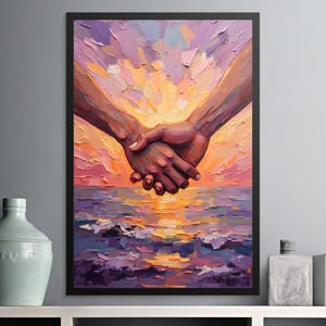 Holding Hands Sunset Seascape Art: Oil Paint Style (Digital Download)