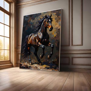Afdrukbare muur kunst paard, Dark Bay Horse digitale kunst, cadeau paardenliefhebber, rennend paard schilderij, digitale download, paard Art Print