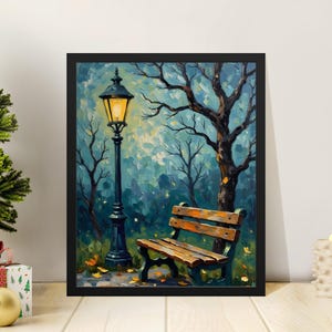 Digital Wall Art Oil Paint, Autumn Park Bench Print, Fall Landscape Artwork, Instant Download, Home Decor, Impressionist Style, Digital