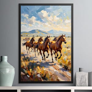 Digitale kunst bruine paarden, olieverfschilderijstijl, rennende paarden, kunst aan de muur, digitale download, decor van de boerderij, cadeau paardenliefhebber