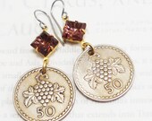 Cyprus, Vintage Coin Earrings Fruit of the Vine Old World Wines - Grape Vine - Vino - Nectar of the Gods - Cypricot Earrings -