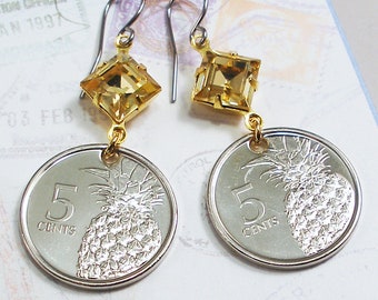 Bahamas, Coin Earrings -- Welcome to the Bahamas -- Pineapples - Summer Party - Welcome - Hospitality - Caribbean Sea - Beach Jewelry