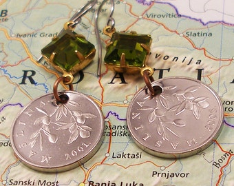 Croatia, Authentic Coin Earrings -- An Olive Branch -- Symbol of Peace - Sustainable Food Crop - Mediterranean - World Travel - OOAK