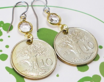 Zimbabwe, Authentic Coin Earrings -- Tree of Life - Sustainable Foods - Baobab Tree - Arbor Day - Explore Africa - Vegan Earrings - OOAK