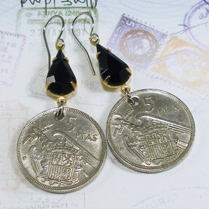 Spain, Vintage Coin Earrings - Kingdoms of Old Spain - Espana - Screaming Eagle - Old Money - One of a Kind - Be a Traveler - Travel Gifts