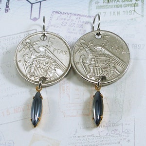 Spain, Vintage Coin Earrings - Kingdoms of Old Spain - Screaming Eagle - Old Money - One of a Kind - Travel Gifts - Be a Traveler - Espana