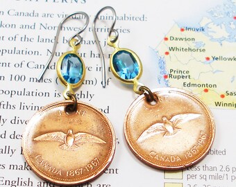 Canada, Vintage Coin Earrings -- Peace Doves - 1 Cent - Dove Penny - Travel Gifts - Canadian Pennies - World Peace - Copper Patina - Peace