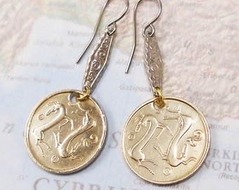 Cyprus, Vintage Coin Earrings -- Wild Mountain Goats -- Archeology - World Treasures - Wild Life - Cypriot - Protected Species - Recycled