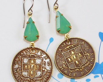 Jamaica, Vintage Coin Earrings -- Half Pennies -- Pocket Change - World Treasure - Old Money - Island Style - Beach Jewelry - Summer