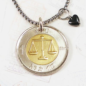Ethiopia, Authentic Coin Necklace -- Weighing Scale -- Commerce - Fair Trade - Amharic Script - Balance - Fairness - Ethiopian 1 Birr