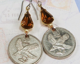 Botswana, Vintage Coin Earrings -- African Fish Eagle - Africa - Wildlife - Adventure - World Travel - One of a Kind - Bird of Prey -Raptor