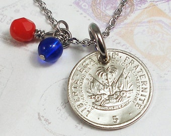 Haiti, Vintage Coin Necklace -- Big Guns for Independence -- 5 Cents - Haitian Heritage - Cannons - Fortress - Caribbean Sea