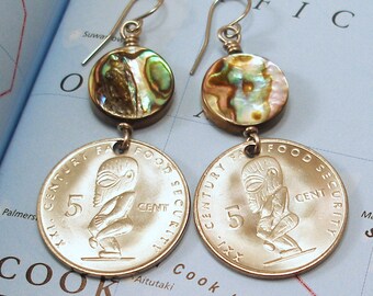 Cook Islands, Authentic Coin Earrings -- God of the Sea -- Tangaroa - Maori People - Polynesians - South Pacific - Creation Mythology