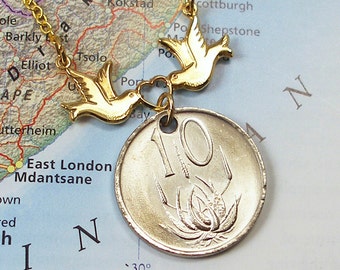 South Africa, Vintage Coin Necklace -- Protected Species --- African Treasure - Afrikaans - Horticulture - Eco Travel - Gardening - Outdoors