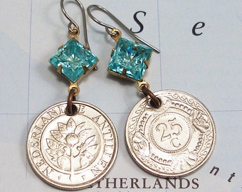 Netherlands Antilles, Vintage Coin Earrings -- Oranges Blossoms and Clam Shells -- Island Paradise - Caribbean Sea - World Travel - Beach