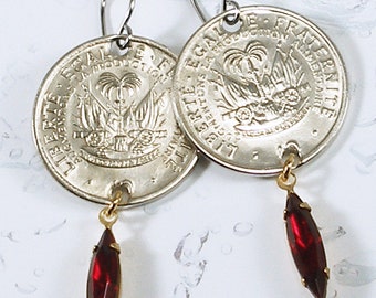 Haiti, Vintage Coin Earrings -- Big Guns for Independence -- 10 Cents - Haitian Heritage - Cannons - Fortress - Caribbean Sea - World Travel