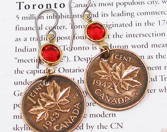 Canada, Vintage Coin Earrings -- Canada Day -- Maple Leaves - Penny - 1 Cent - Travel Gifts - Canadian Money - Lucky Penny Earrings - OOAK