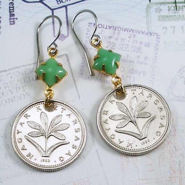 Hungary, Vintage Coin Earrings -- Rare Flower -- Hungarian Crocus - Spring Flower - Magyar - Garden - Travel Gifts - Botany - Earth Day