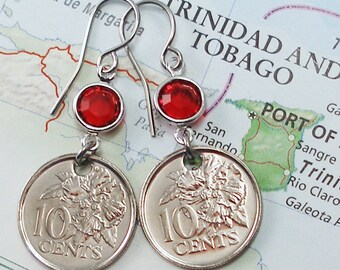 Trinidad and Tobago, Vintage Coin Earrings -- Burst of Color -- Hibiscus - Paradise - Island Style - Caribbean - World Travel - Recycled