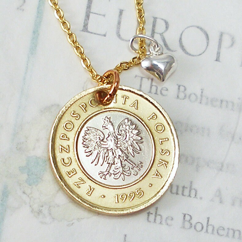 Vintage Poland Coin Pendant Necklace, 5 Zlote, Bronze Copper Jewelry, Polish Souvenir, Travel Gift, Wanderlust