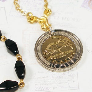 South Africa, Authentic Coin Necklace -- African Wildlife -- Wild Beast - Wildebeest - Suid Afrika - Wild and Free - Gnu - Eco Travel Gifts