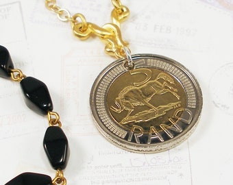 South Africa, Authentic Coin Necklace -- African Wildlife -- Wild Beast - Wildebeest - Suid Afrika - Wild and Free - Gnu - Eco Travel Gifts