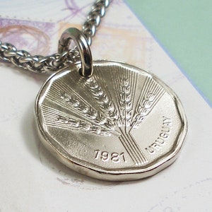 Uruguay, Vintage Coin Necklace -- World Food Day -- Uruguayan Heritage - Wheat Crops - Waves of Gain - New World Crops - Coin Jewelry