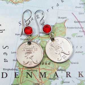 Denmark, Vintage Coin Earrings -- Elegant and Regal -- Danmark - Royalty - Old Money - Europe - Travel Gifts - R Monogram - Recycle
