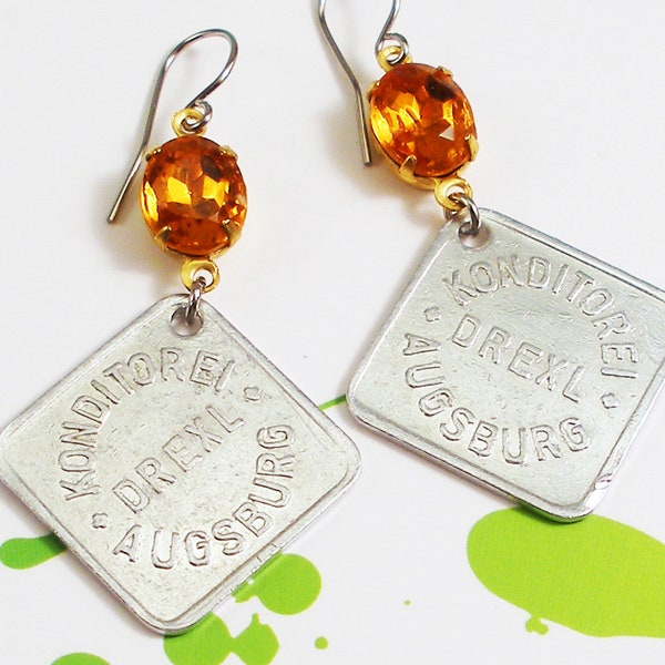 Germany, Vintage Token Earrings -- Meeting Place -- Bavarian Cafe - Augsburg - Kaffeehaus - Upcycled Earrings - Traveller - Unique