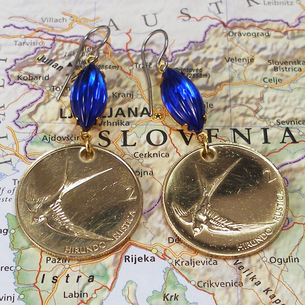 Slovenia, Authentic Coin Earrings -- Aerial Acrobats -- Barn Swallows - Birds in Flight - Republika Slovenija - Ornithology - Birdwatching