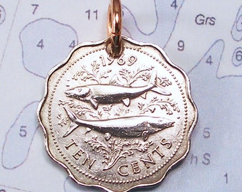 Bahamas, Vintage Coin Charm -- Silver Ghost -- Bonefish - Tropical Vacation - Beach - Nautical - Ocean - Flats Fishing - Outdoors - Fish
