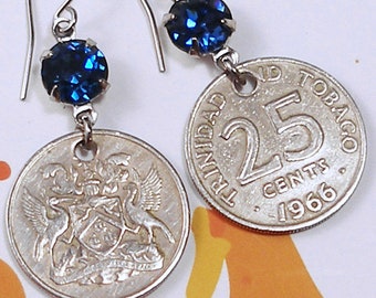 Trinidad and Tobago, Vintage Coin Earrings -- Island Paradise -- Tropical Vacation - Caribbean Sea - World Travel