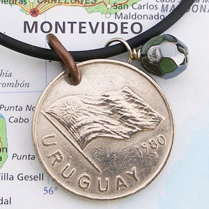 Uruguay, Vintage Coin Necklace -- National Symbols -- Uruguayan Heritage - Sol de Mayo - New World - World Travel - Recycled Jewelry