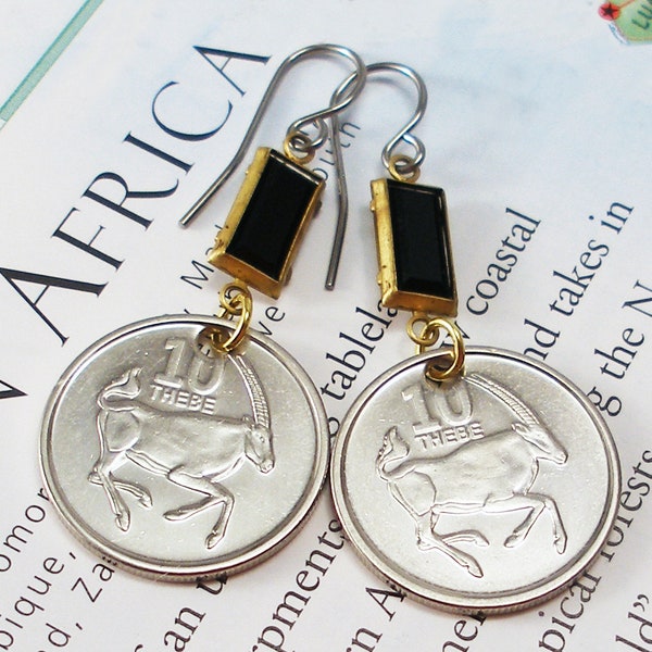 Botswana, Authentic Coin Earrings -- African Oryx -- Gemsbok - Antelope - Gazelle - African Safari - Kalahari Desert - Eco Vacation