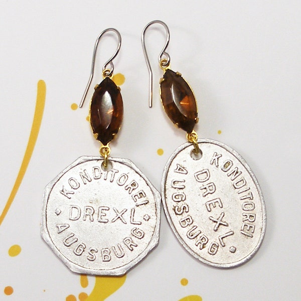 Germany, Vintage Token Earrings -- Where Everyone Knows Your Name -- Bavarian Cafe - Augsburg - Kaffeehaus - Upcycled Earrings - Traveller