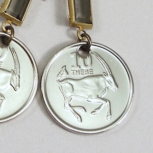 Botswana, Authentic Coin Earrings -- African Gemsbok -- Oryx - Antelope - Gazelle - African Safari - Kalahari Desert - Eco Vacation
