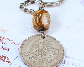Mexico, Vintage Coin Keychain -- Jugador de Pelota -- Cultura Maya - Mayan Ball Player - Archeology - Mexican Heritage - Coin Key Chain