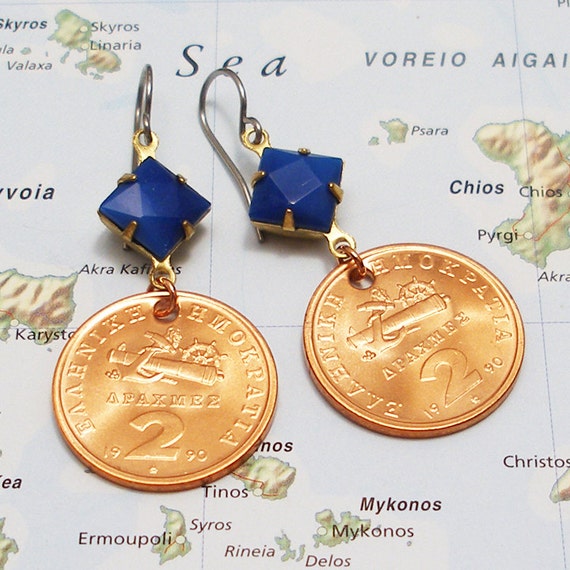 Greece Vintage Coin Earrings Life by the Sea Anchor Ship Wheel