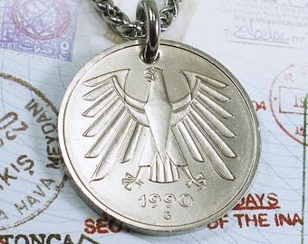 Germany, Vintage Coin Necklace - German Eagle - Wunderlust - Family Heritage - Old World - 5 Deutschemark - Be a Traveler - Travel